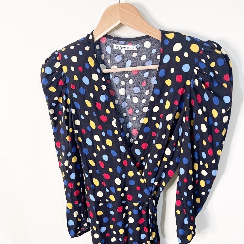 Reformation Black Polka Dots Fiesta Shoulder Pads Wrap Jaylee Dress Size Small - Picture 3 of 8